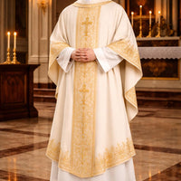 Semi-Gothic White Chasuble with Gold Cross Detail – Elegant Liturgical Vestment for Church & Mass
