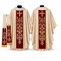 Embroidered Catholic Chasuble Set with Burgundy Orphrey & Matching Stole