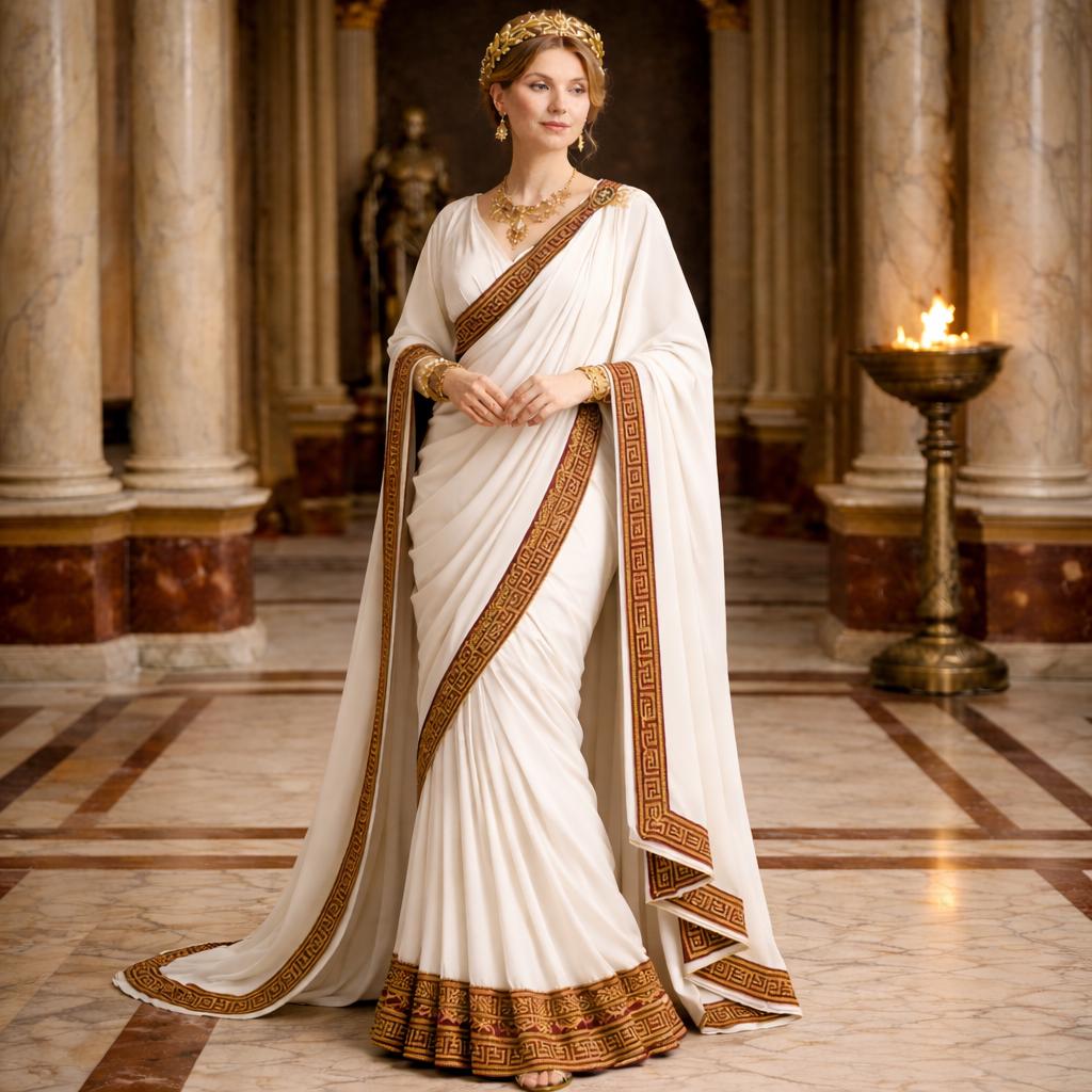Women's Roman Senator Toga Saree | White Draped Costume Greek Key Border