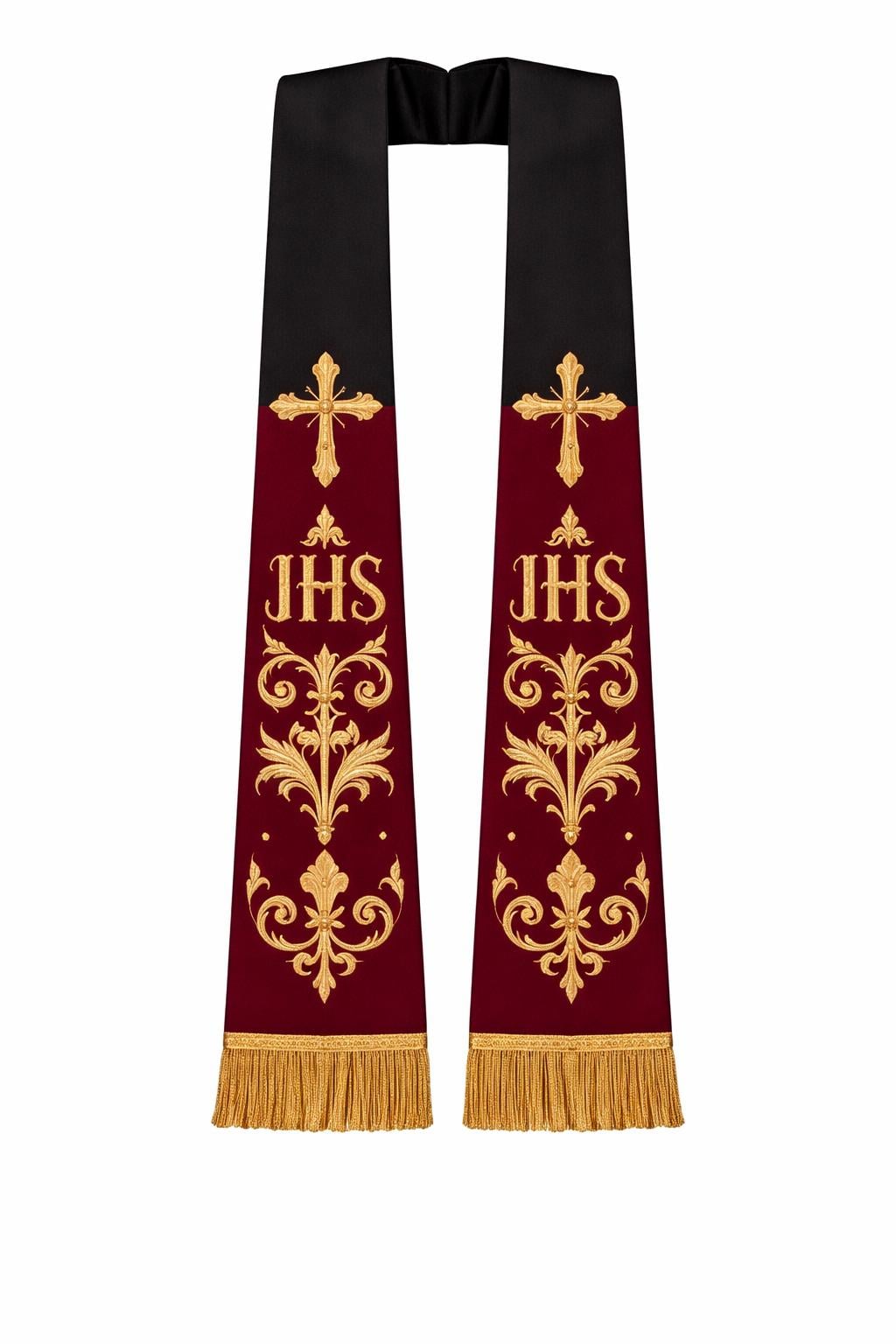 Black Embroidered Catholic Chasuble Set with Burgundy Orphrey & Matching Stole - image 5
