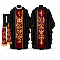 Black Embroidered Catholic Chasuble Set with Burgundy Orphrey & Matching Stole