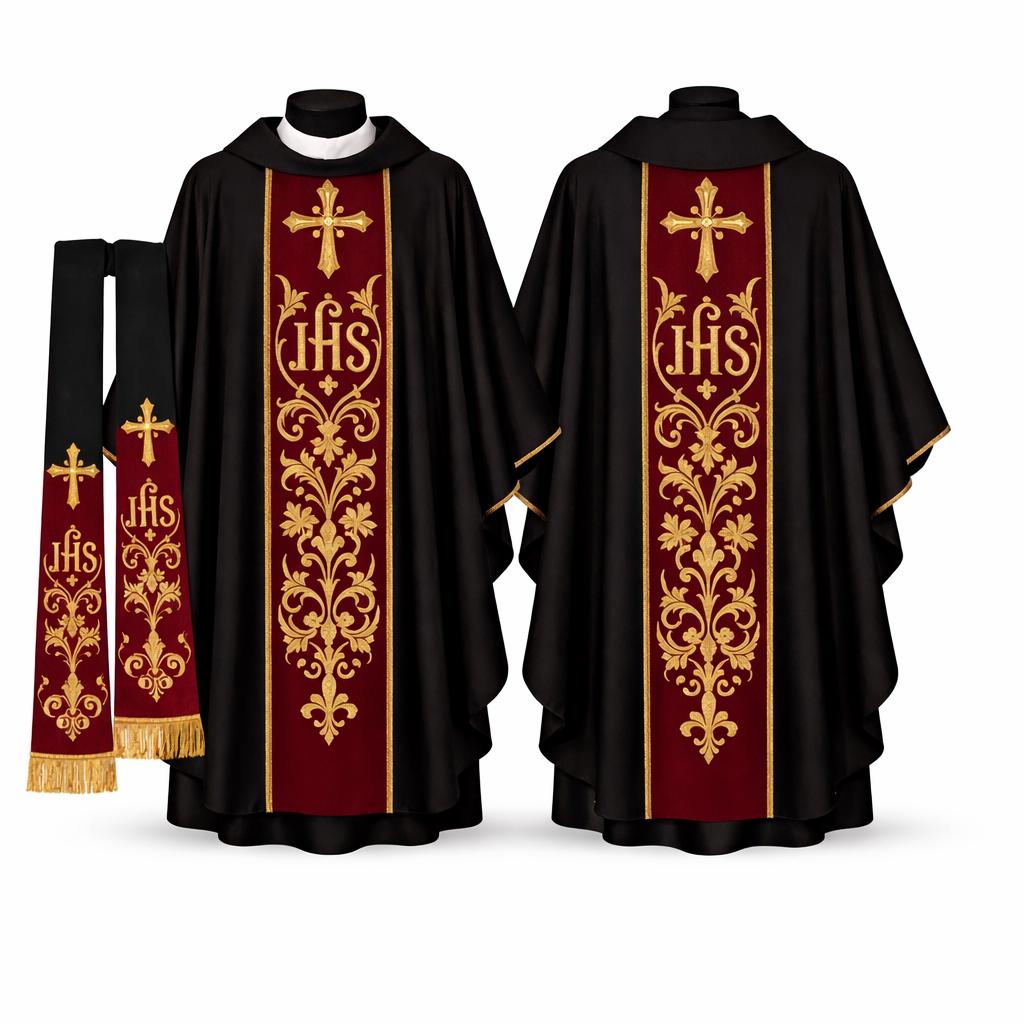 Black Embroidered Catholic Chasuble Set with Burgundy Orphrey & Matching Stole