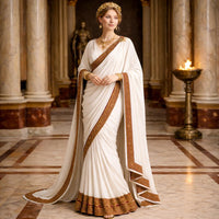 Women's Roman Senator Toga Saree | White Draped Costume Greek Key Border - image 2
