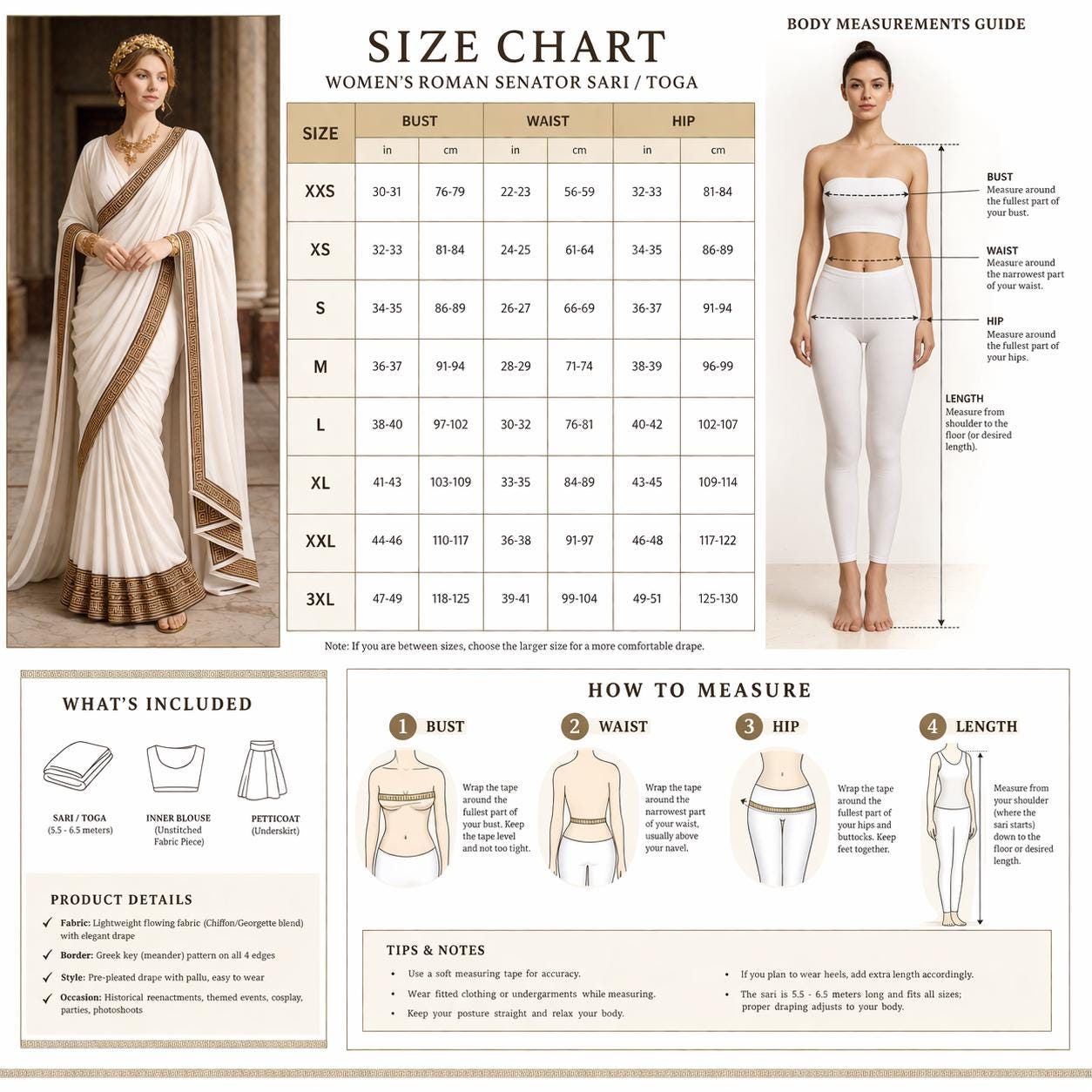 Women's Roman Senator Toga Saree | White Draped Costume Greek Key Border - image 3