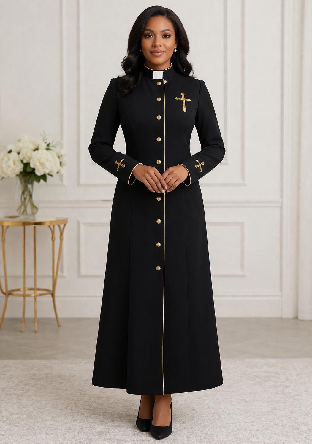 Black Roman Cassock Soutane with Gold Embroidry | Custom Clergy Robe With cinctur Priest Vestment