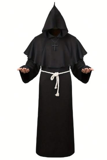 Black Hooded Monk Robe Costume | Gothic Medieval Cloak, Unisex Fantasy Outfit - image 2