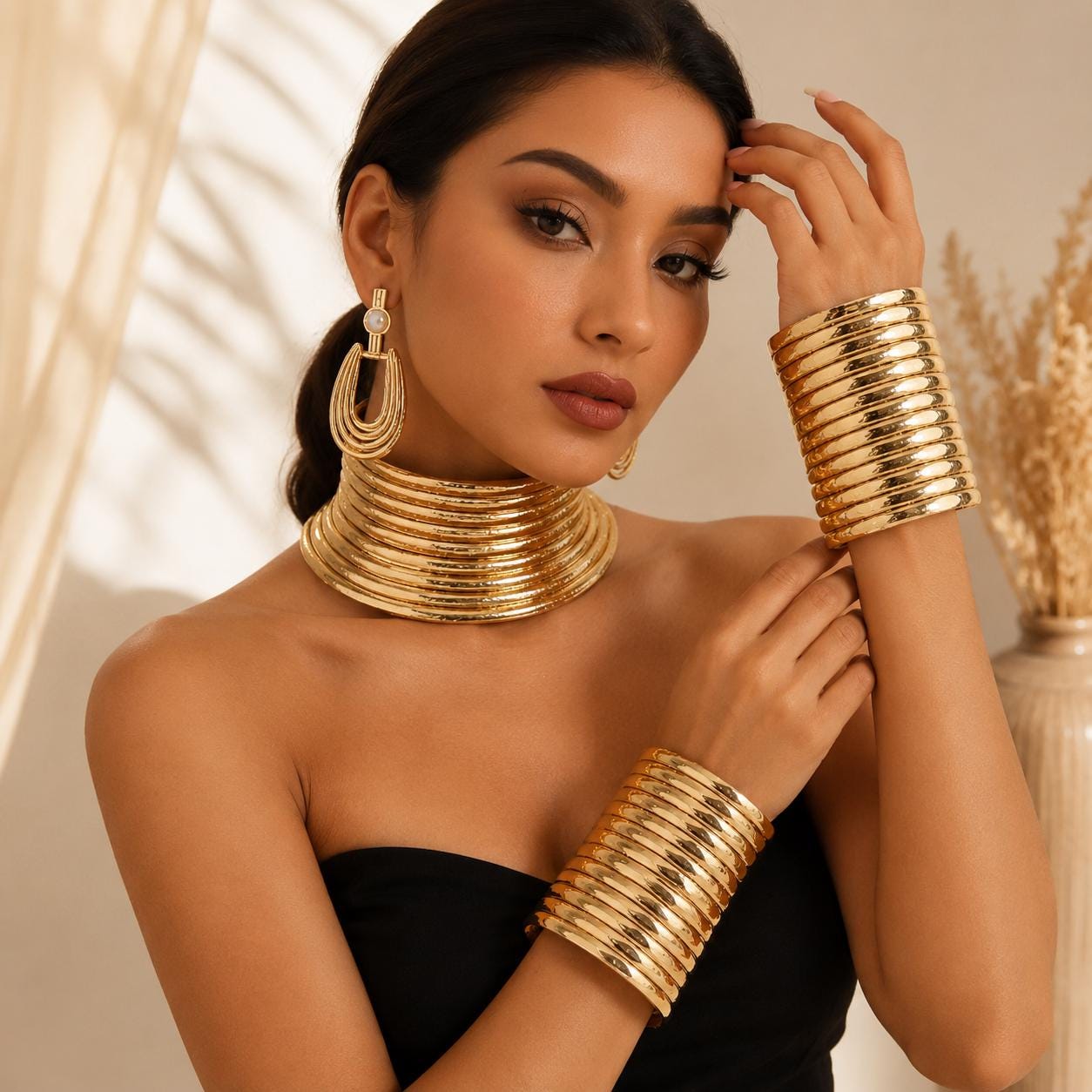 Gold Multi-Layer Choker Necklace, Earrings, Bracelet Set, Roman Egyptian Costume Accessories