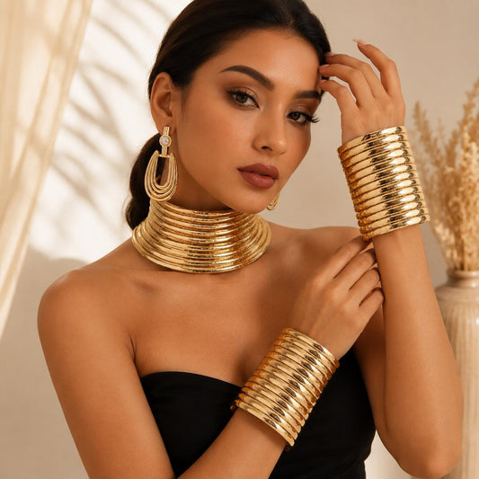 Gold Multi-Layer Choker Necklace, Earrings, Bracelet Set, Roman Egyptian Costume Accessories