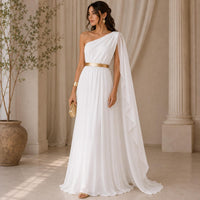 Women's Roman Toga Saree Costume | White Greek Key Border, Belt, Arm Band