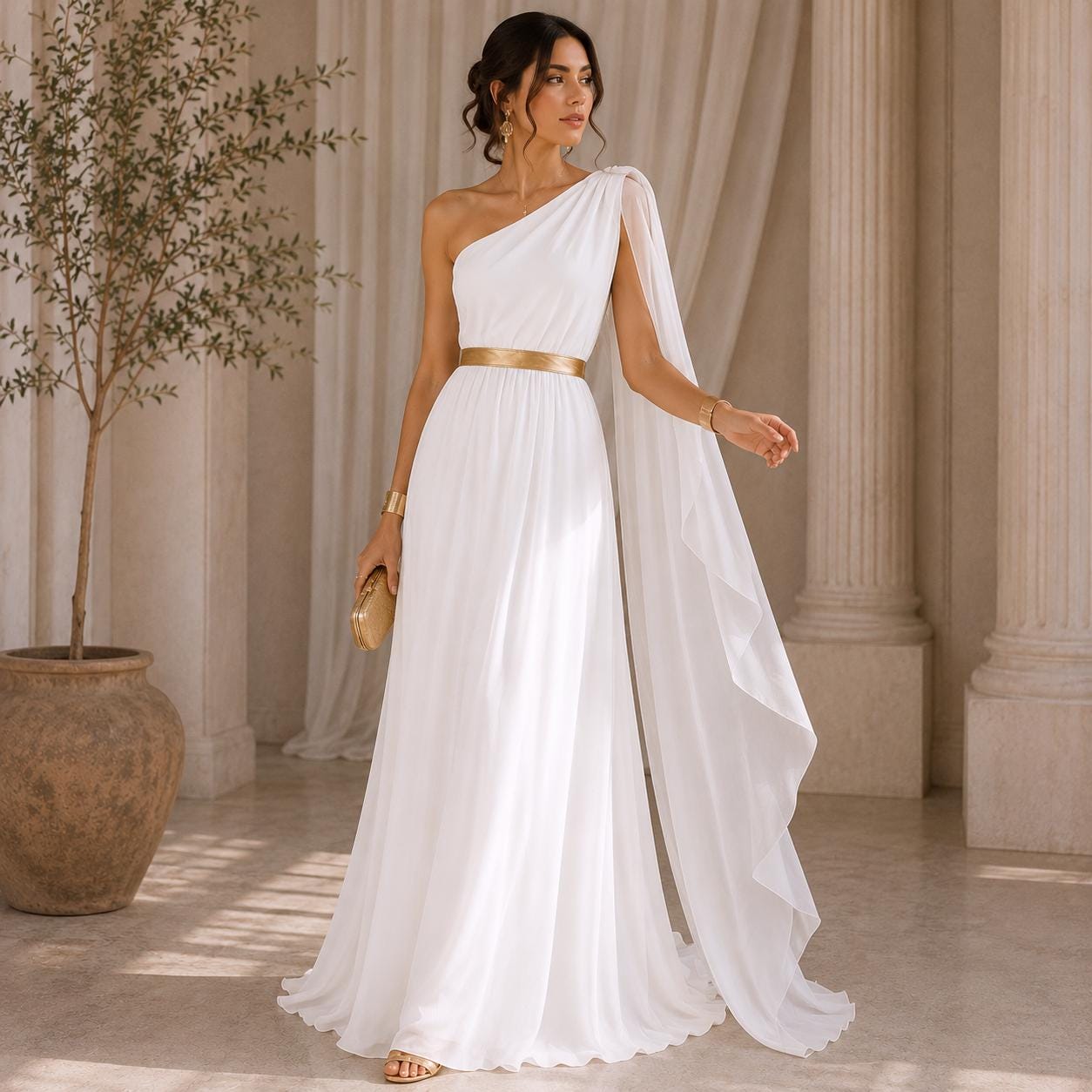 Women's Roman Toga Saree Costume | White Greek Key Border, Belt, Arm Band - image 2