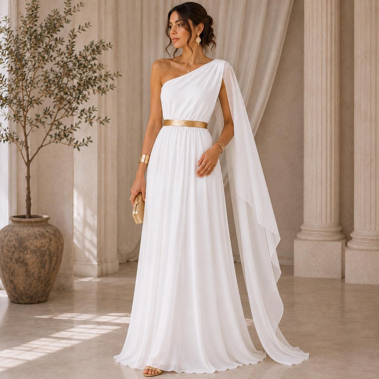 Women's Roman Toga Saree Costume | White Greek Key Border, Belt, Arm Band - image 3