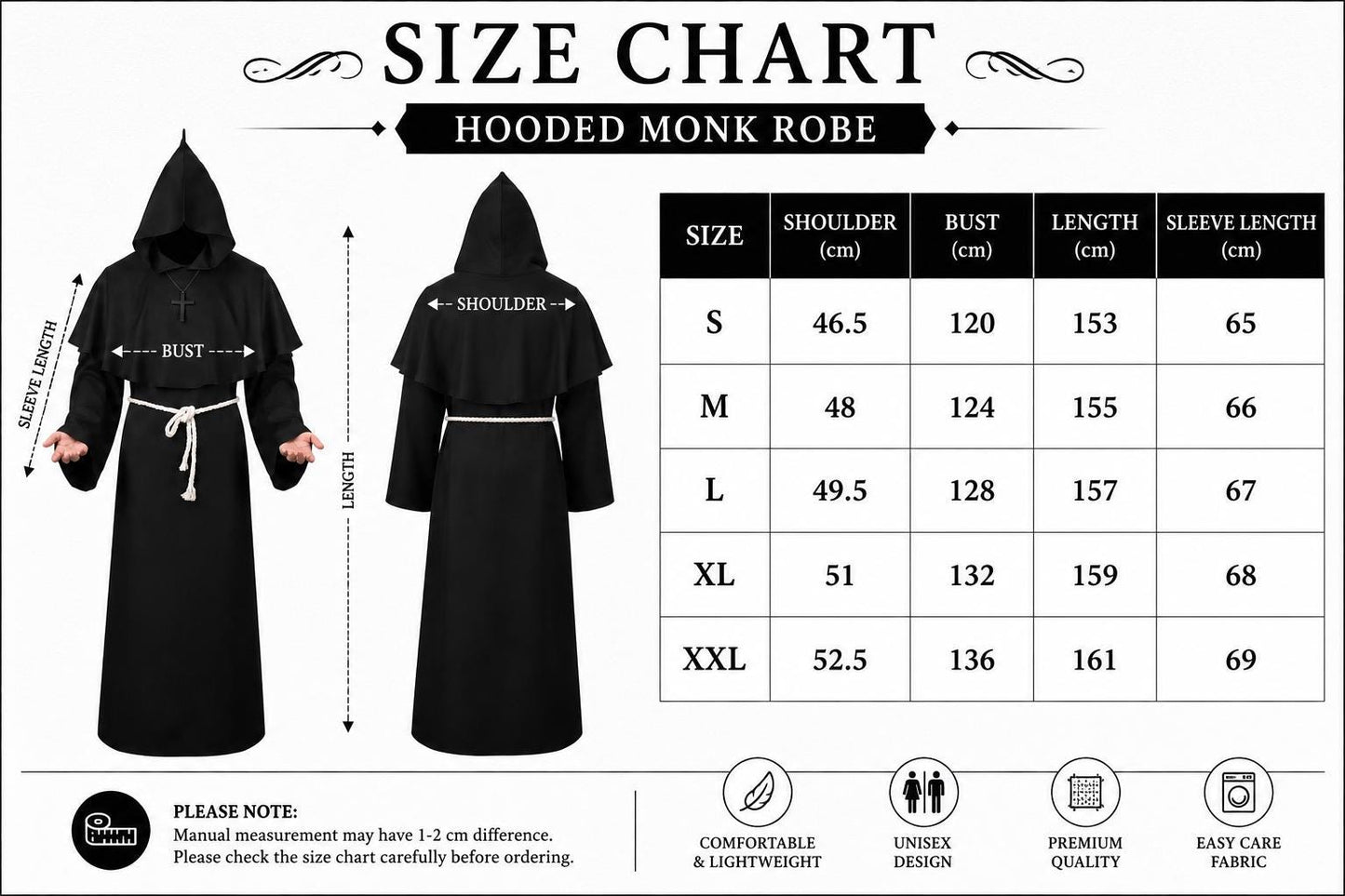Black Hooded Monk Robe Costume | Gothic Medieval Cloak, Unisex Fantasy Outfit - image 8