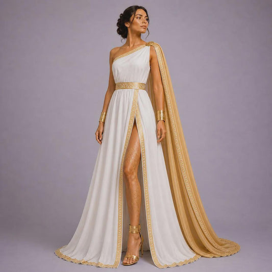 Women's Roman Toga  Costume | White Greek Key Border, Belt, Arm Band