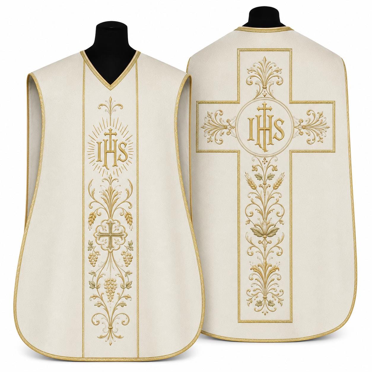 Roman Catholic Chasuble: Ivory, Gold, Green Embroidery, Gothic Cross Vestment - image 2