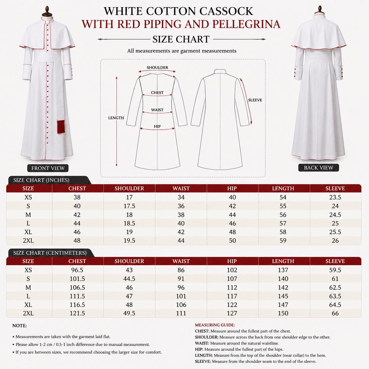White Cotton Cassock with Red Piping, Custom Clergy Robe, Pastor Vestment - image 3