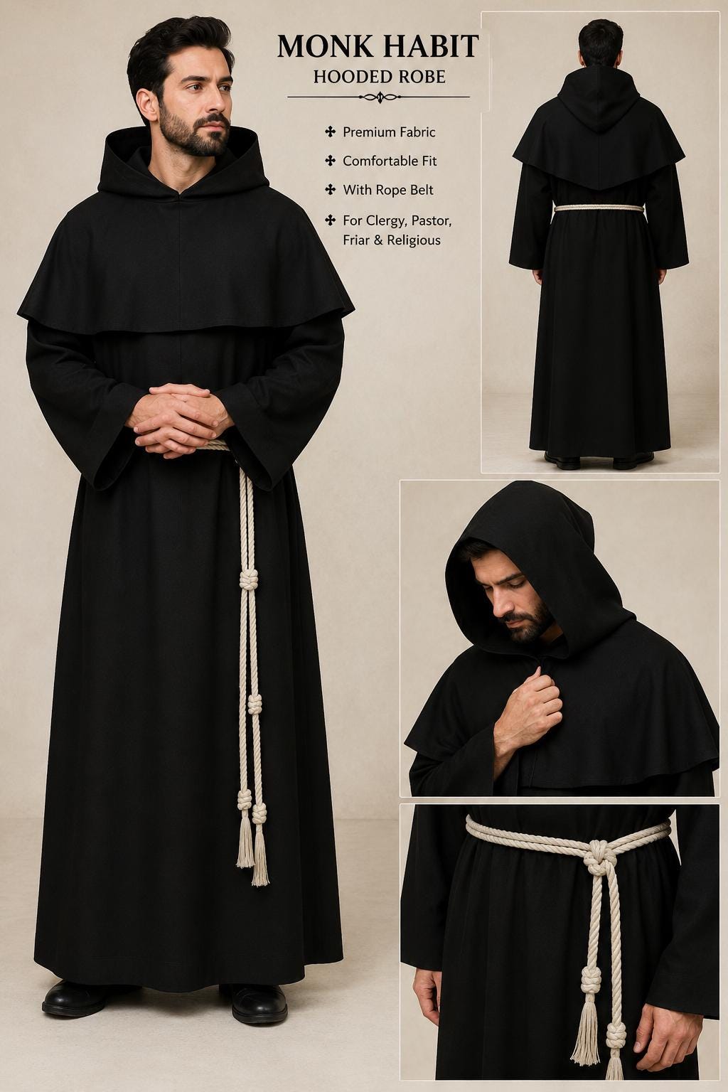 Brown Monk Habit Hooded Robe with Rope Belt, Clergy Friar Religious Garment - image 5