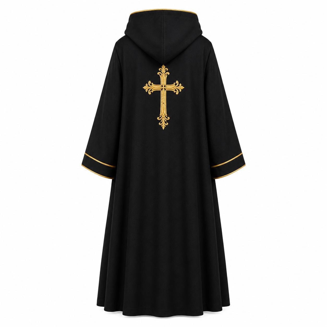 Black Hooded Clergy Robe with Gold Cross Embroidery – Priest Vestment Pastor Choir Robe - image 3