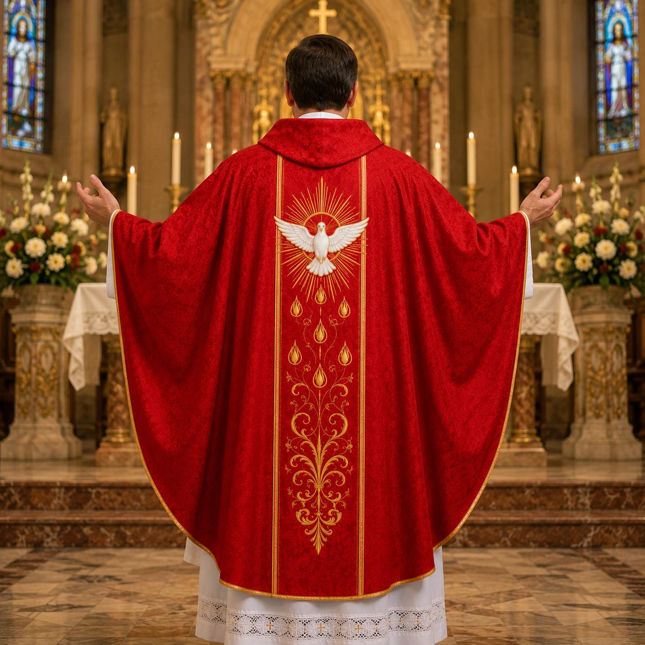 Embroidered Catholic Priest Chasuble - Gold Cream Vestment with Burgundy Orphrey - image 2