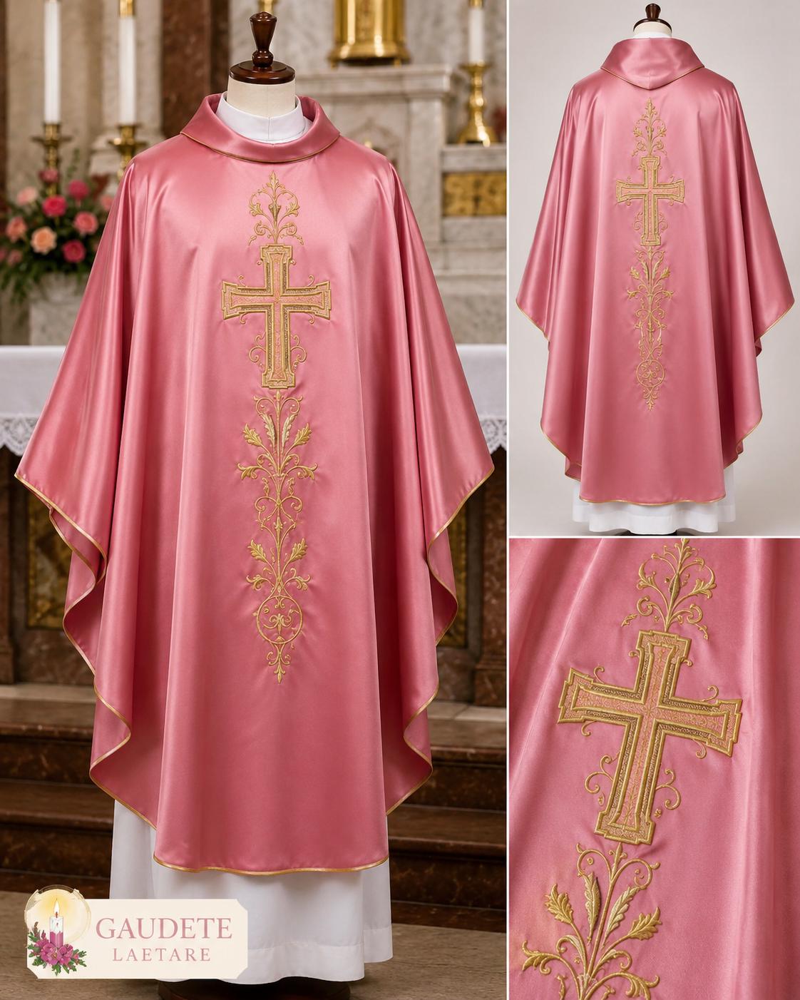 Rose Satin Chasuble – Gold Embroidered Catholic Priest Vestment - image 3