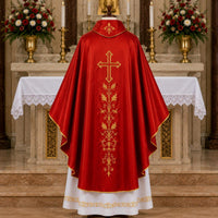 Red Catholic Priest Chasuble - Gold Cream Vestment with Burgundy Orphrey - image 2
