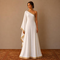 Greek Goddess Inspired White Georgette Maxi Toga Dress with Gold Greek Key Border  Costume