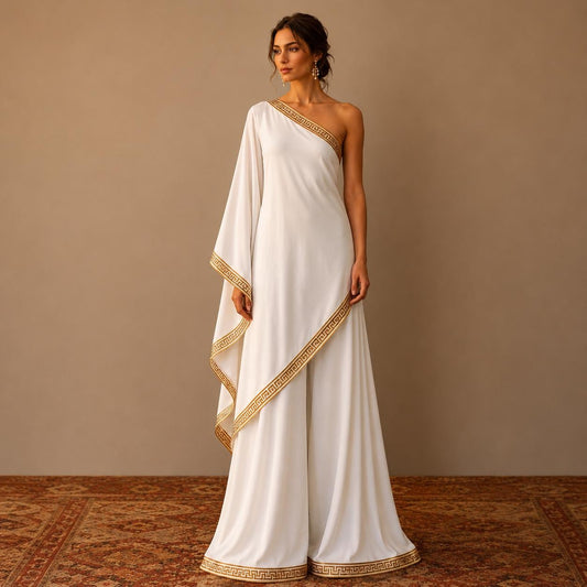Women's Roman Toga  Costume | White Greek Key Border