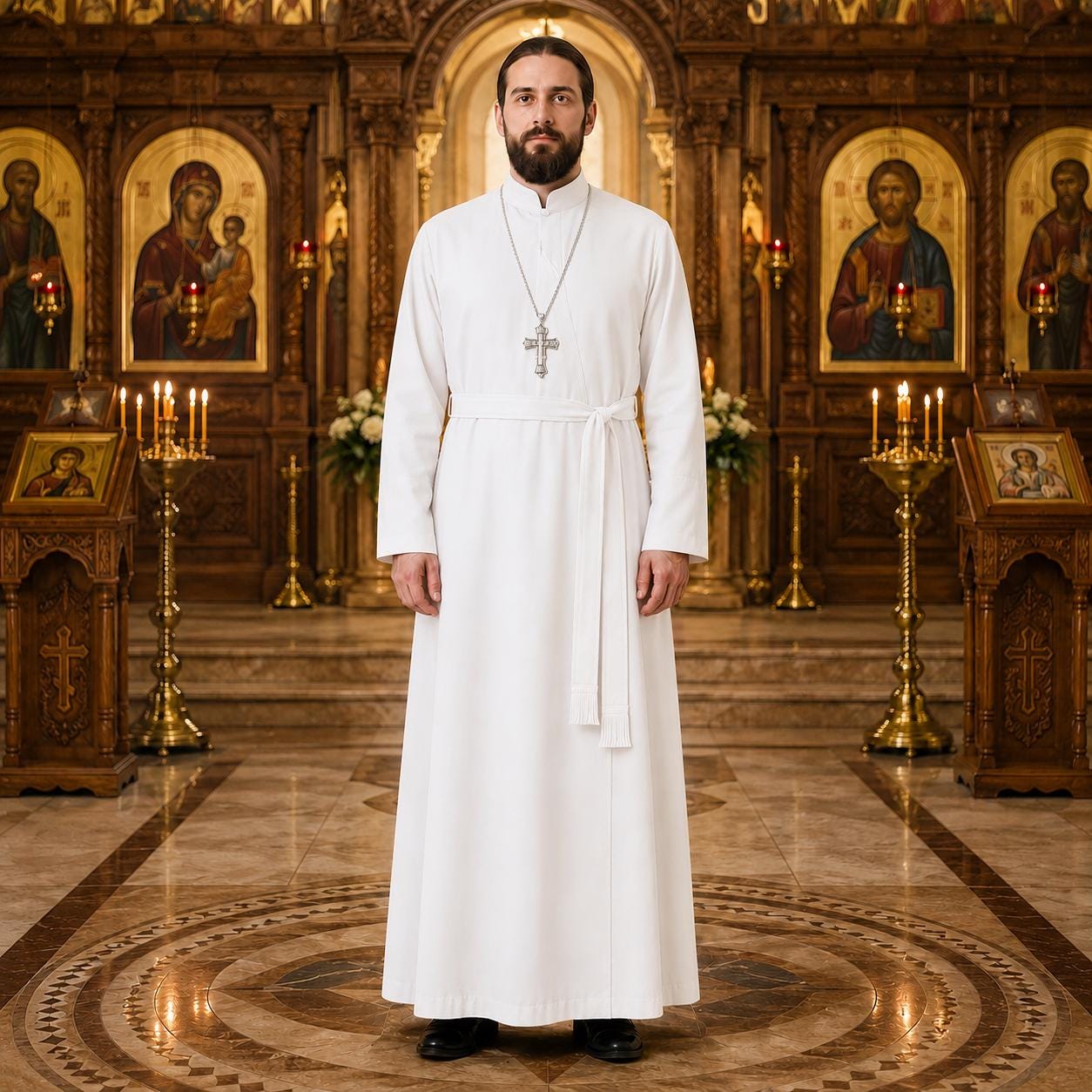 Orthodox Priest Cassock Cotton Clergy Robe: White Traditional Church Vestment, Full Length Clerical Gown