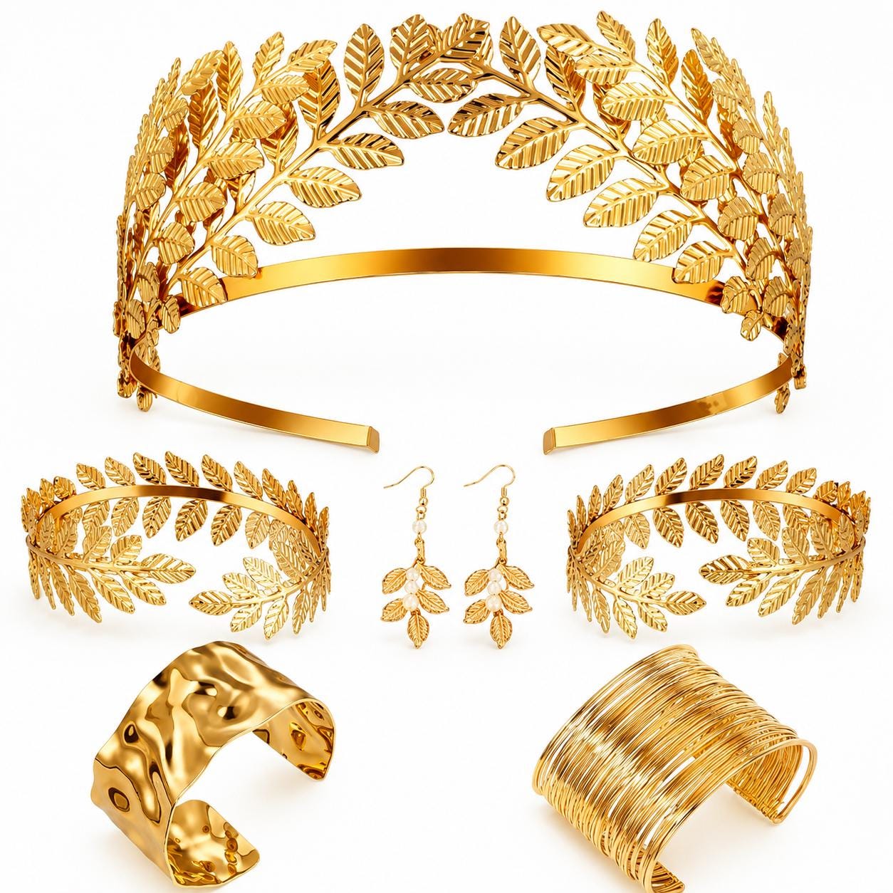 Gold Laurel Leaf Jewelry Set, Greek Roman Goddess Headpiece, Arm Cuffs, Earrings, Bracelet