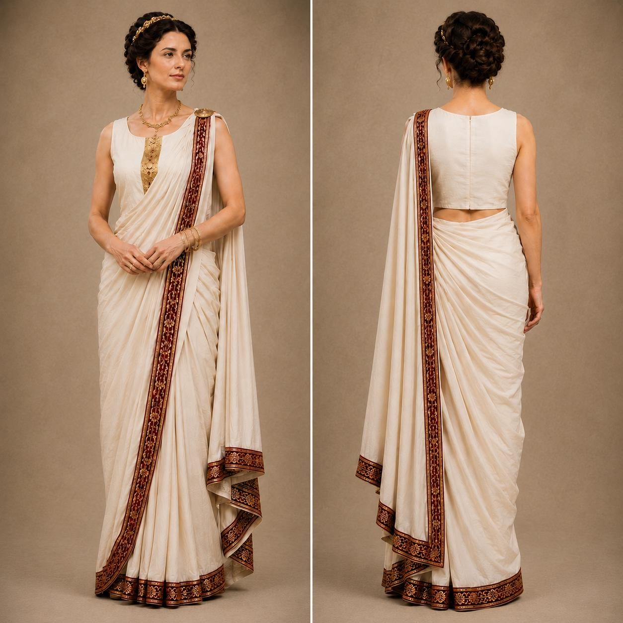 Roman Goddess Saree Costume, Ivory Draped Gown, Sleeveless Toga Outfit, Cosplay Attire - image 2