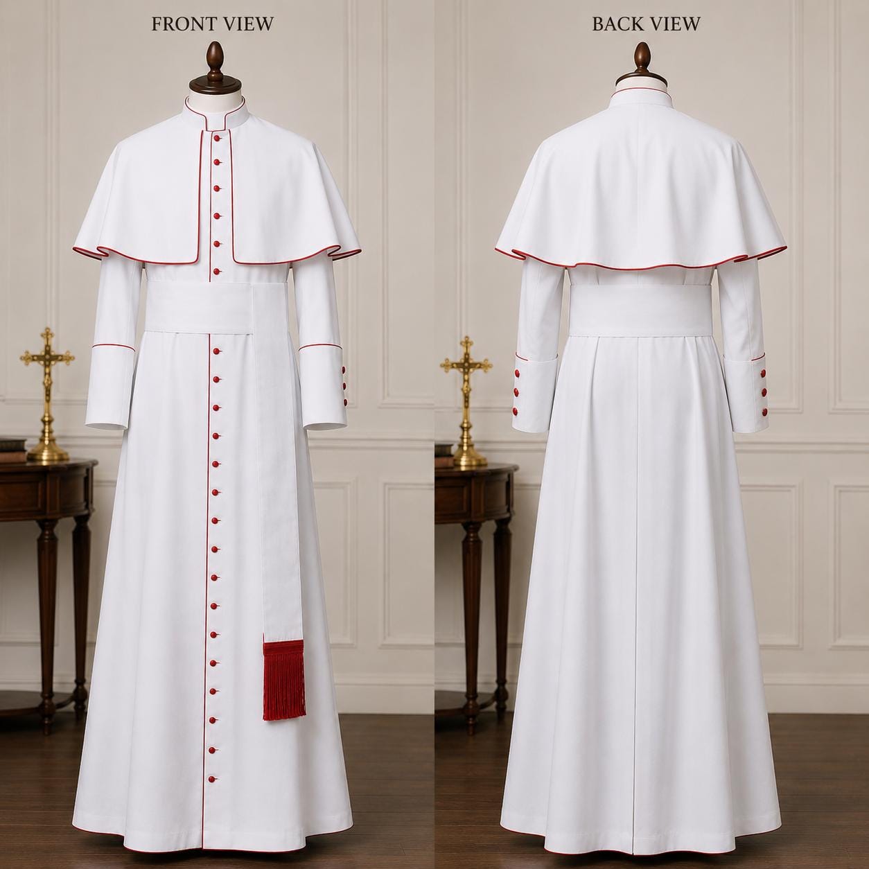 White Cotton Cassock with Red Piping, Custom Clergy Robe, Pastor Vestment - image 2