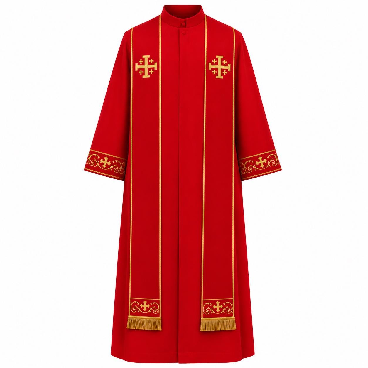 Red Clergy Cassock Robe with Embroidered Jerusalem Cross Stole – Liturgical Vestment