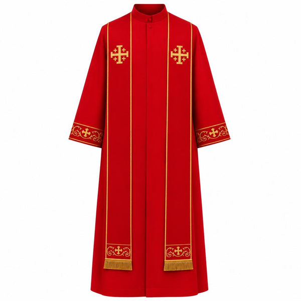 Red Clergy Cassock Robe with Embroidered Jerusalem Cross Stole – Liturgical Vestment