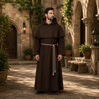 Brown Monk Habit Hooded Robe with Rope Belt, Clergy Friar Religious Garment