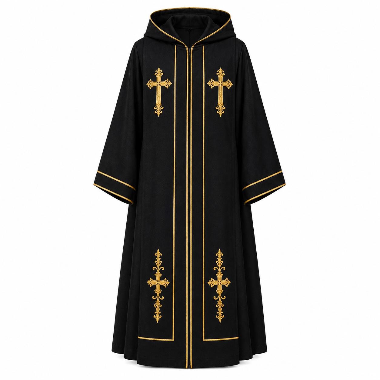 Black Hooded Clergy Robe with Gold Cross Embroidery – Priest Vestment Pastor Choir Robe - image 2