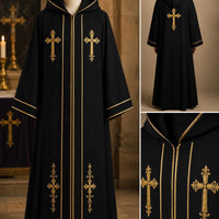 Black Hooded Clergy Robe with Gold Cross Embroidery – Priest Vestment Pastor Choir Robe - image 4