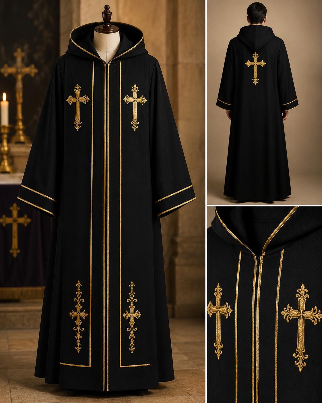 Black Hooded Clergy Robe with Gold Cross Embroidery – Priest Vestment Pastor Choir Robe - image 4