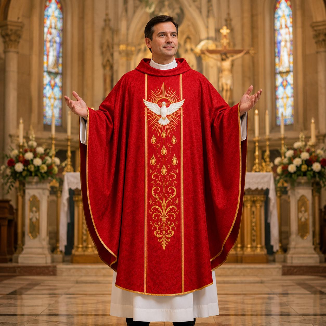 Embroidered Catholic Priest Chasuble - Gold Cream Vestment with Burgundy Orphrey