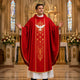 Embroidered Catholic Priest Chasuble - Gold Cream Vestment with Burgundy Orphrey