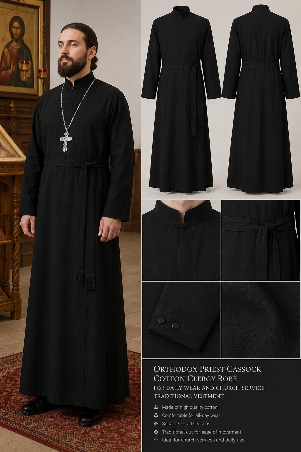 Orthodox Priest Cassock Cotton Clergy Robe: White Traditional Church Vestment, Full Length Clerical Gown - image 3