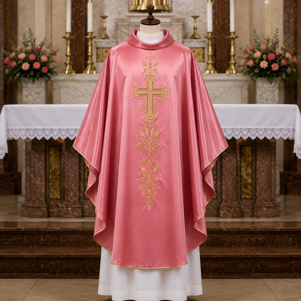 Rose Satin Chasuble – Gold Embroidered Catholic Priest Vestment