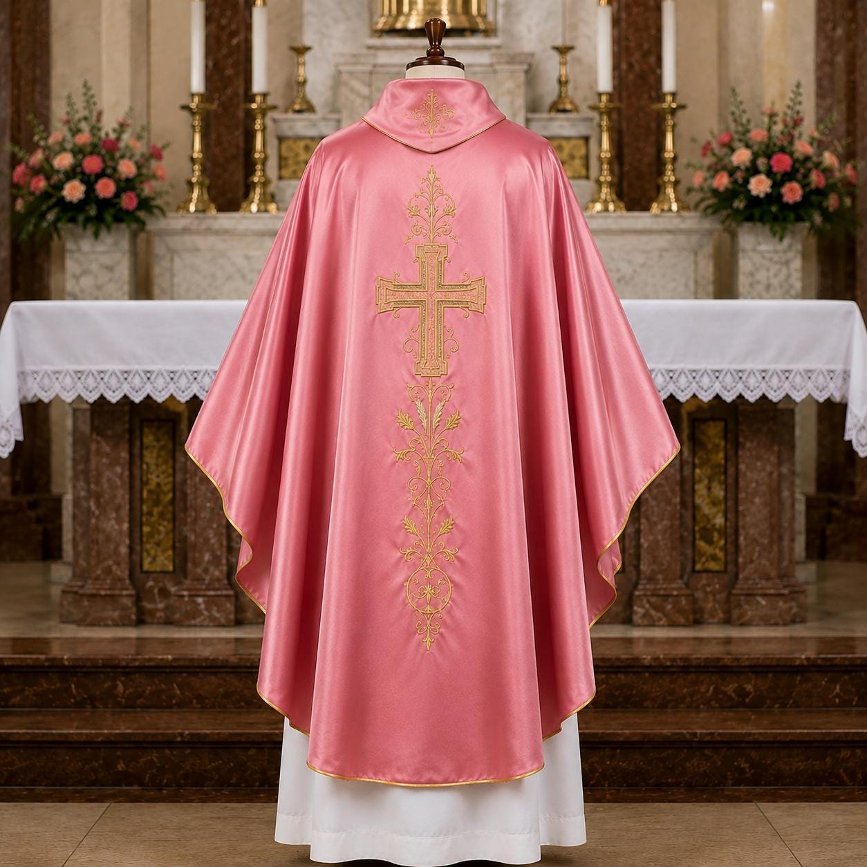 Rose Satin Chasuble – Gold Embroidered Catholic Priest Vestment - image 2