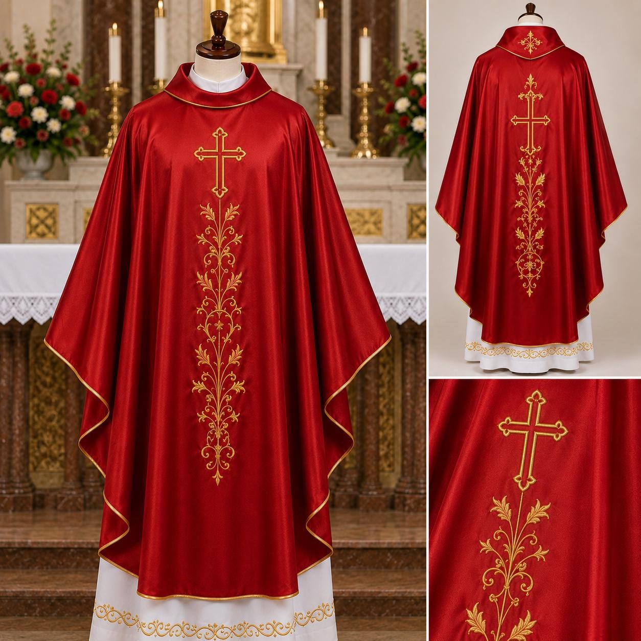 Red Catholic Priest Chasuble - Gold Cream Vestment with Burgundy Orphrey - image 3