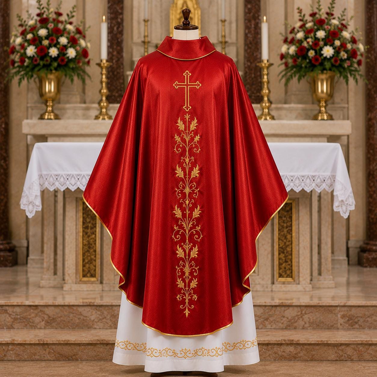 Red Catholic Priest Chasuble - Gold Cream Vestment with Burgundy Orphrey