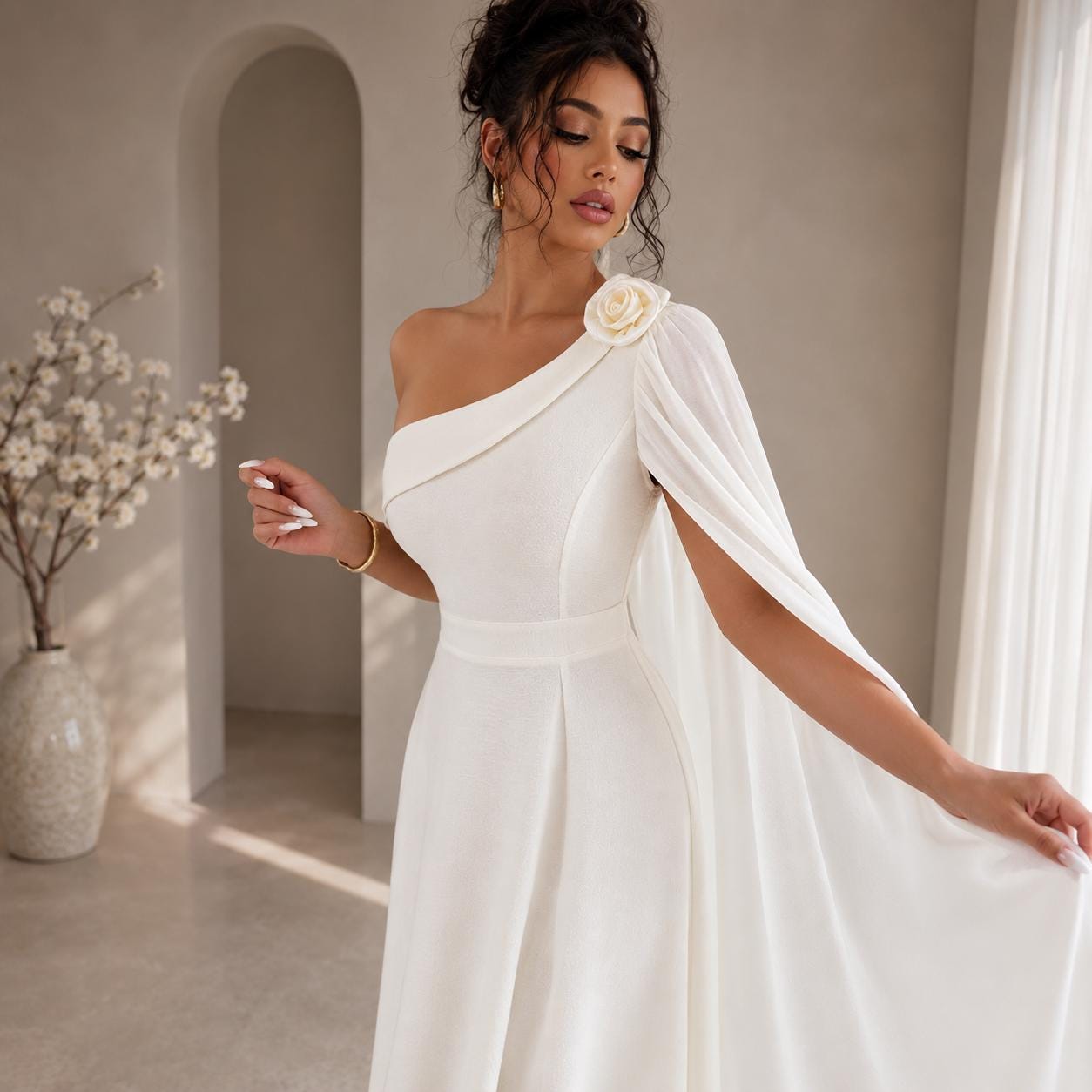 Women's White Toga Saree Maxi Dress | One-Shoulder Greek Goddess Gown - image 4