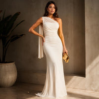 White One Shoulder Grecian Maxi Dress, Embroidered Evening Gown, Boho Wedding Guest - image 3