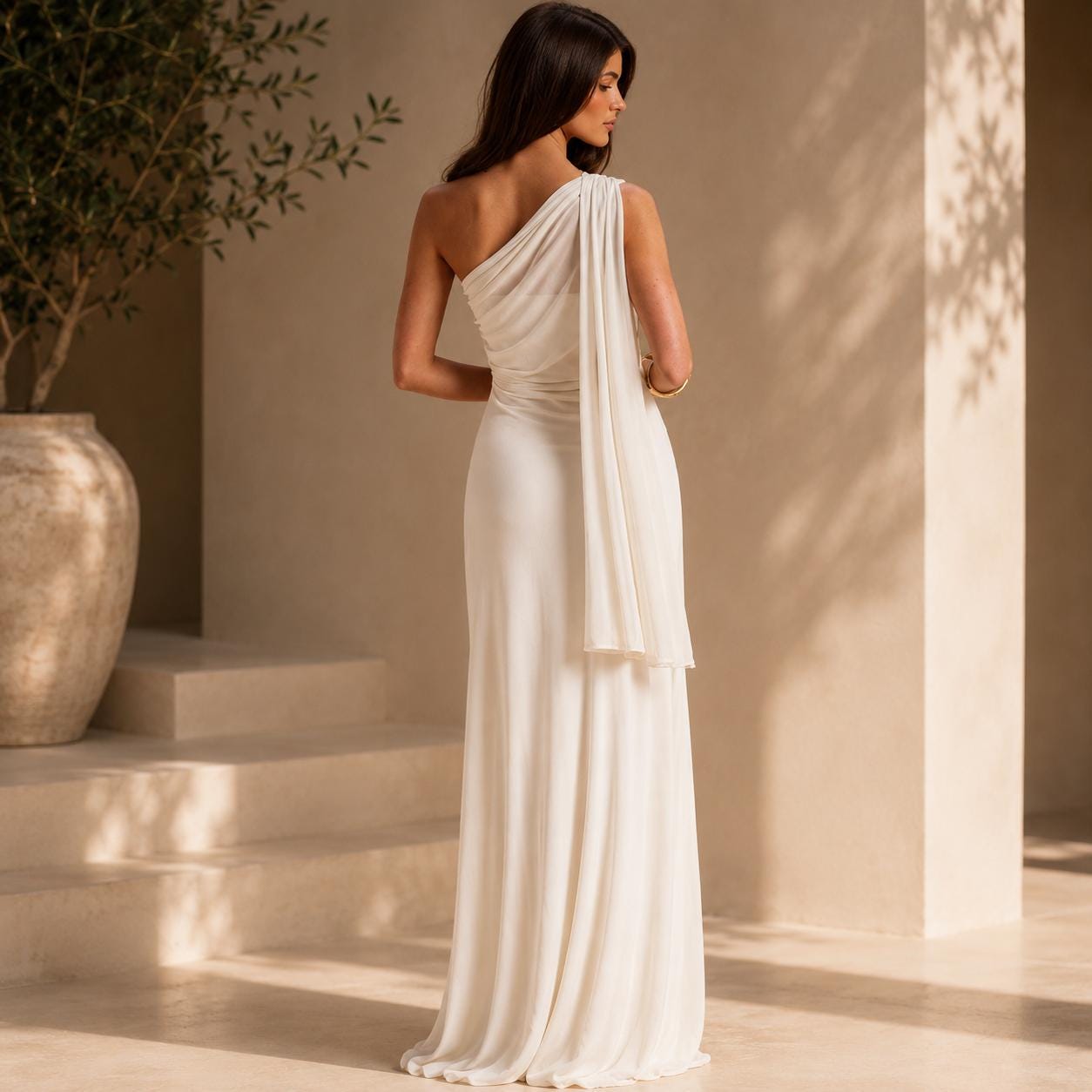 White One Shoulder Grecian Maxi Dress, Embroidered Evening Gown, Boho Wedding Guest - image 5