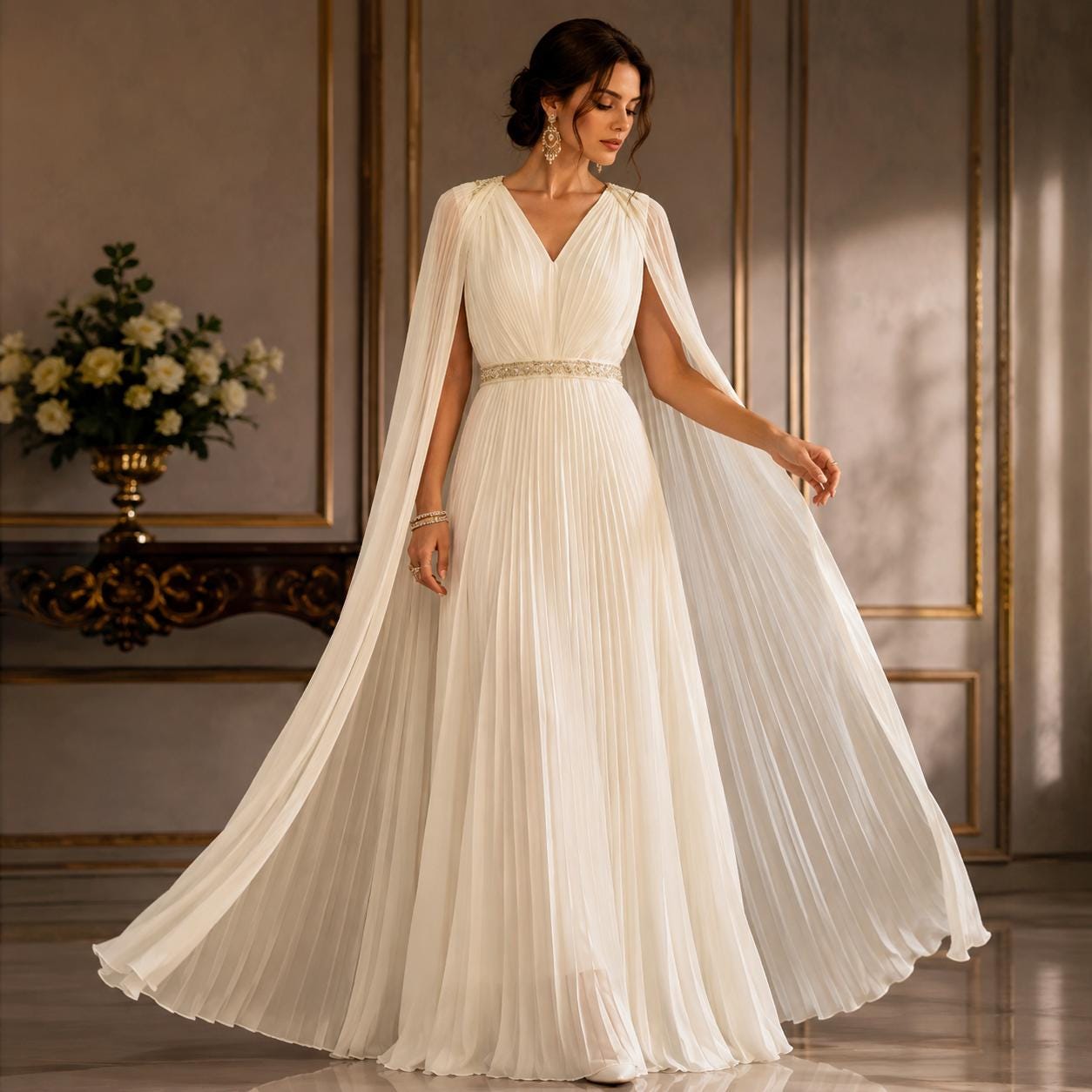 White Grecian Pleated Maxi Dress, Goddess Bridal Gown, Cape Sleeve Evening Formal Prom