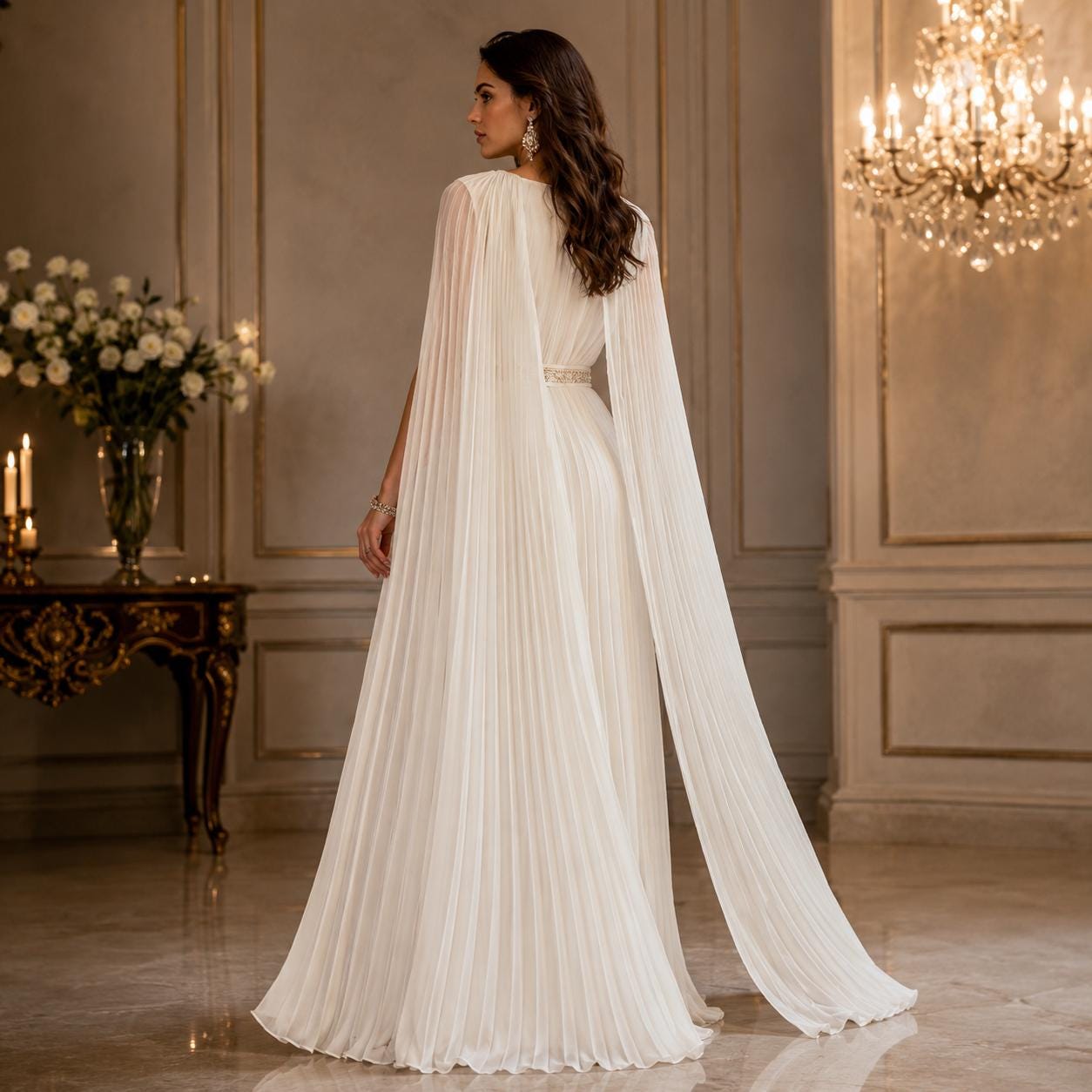 White Grecian Pleated Maxi Dress, Goddess Bridal Gown, Cape Sleeve Evening Formal Prom - image 3