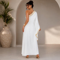 White One-Shoulder Maxi Dress, Gold Embroidered Grecian Gown, Boho Wedding Guest Formal Wear - image 2
