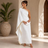 White One-Shoulder Maxi Dress, Gold Embroidered Grecian Gown, Boho Wedding Guest Formal Wear